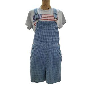 Sonoma Vintage Y2K Blue and White Plaid Denim Shortalls Size Small